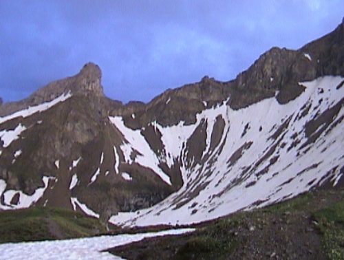 Blick von der Memminger Hütte auf das Seeköpfle (links oben)